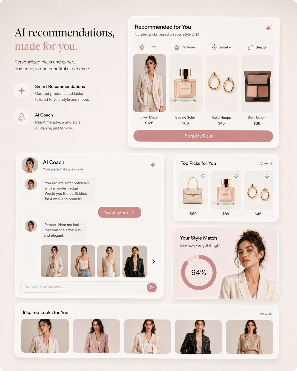 Peekrate-style recommendations and AI coach interface for beauty and fashion products.
